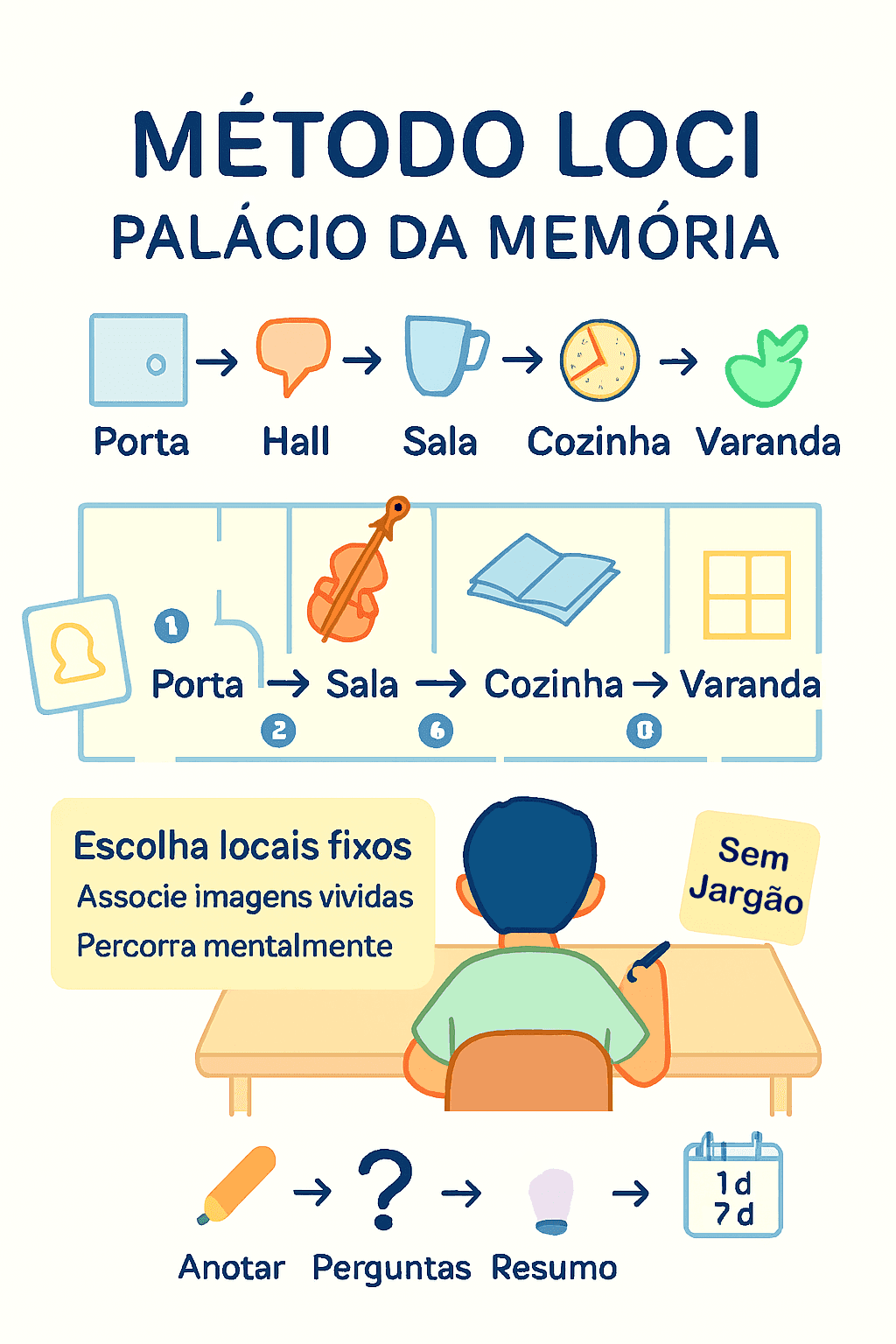 Mapa simples de cômodos com ícones exagerados para cada item a memorizar