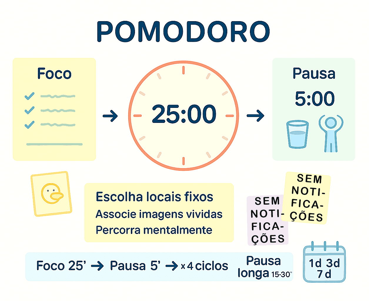 Timer simples marcando 25 minutos ao lado de um checklist de foco e pausa