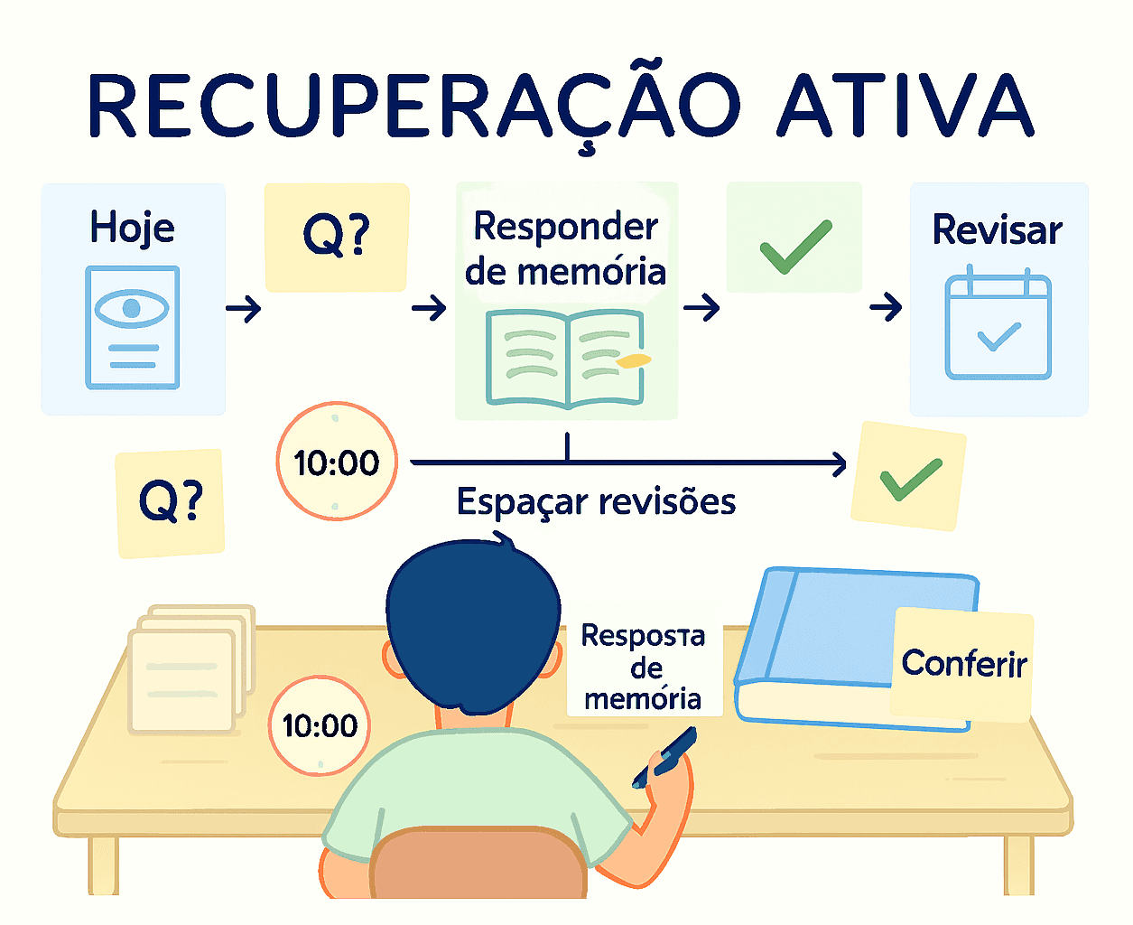 Cartões com perguntas Q? e um papel de respostas de memória