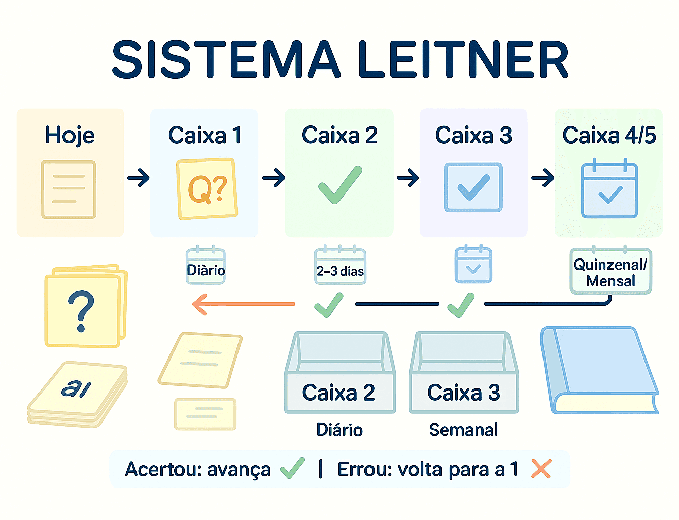 Três a cinco caixas organizadas em níveis com setas de avanço e retorno