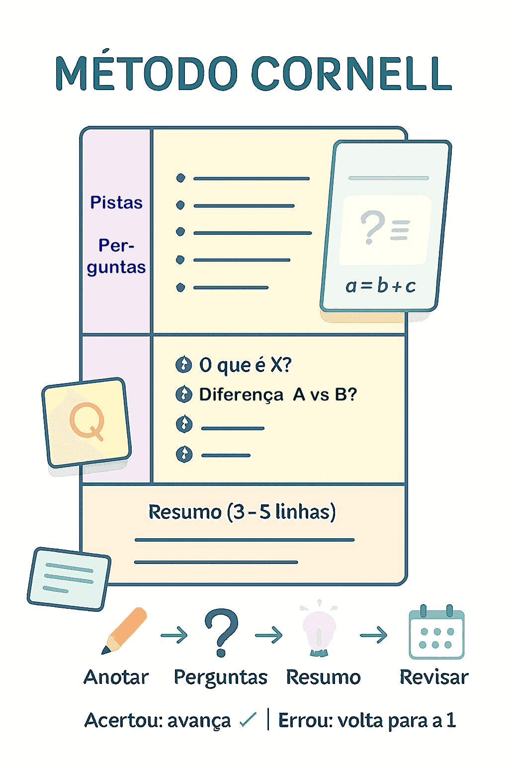 Página de anotações dividida em pistas, notas e resumo