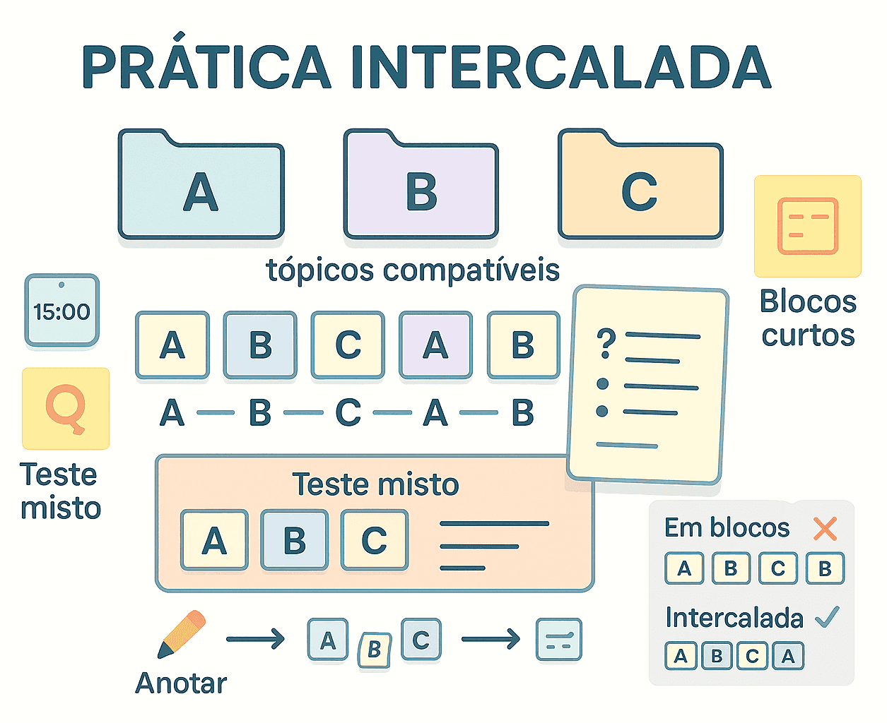 Sequência alternada A B C com cartões de exercícios variados