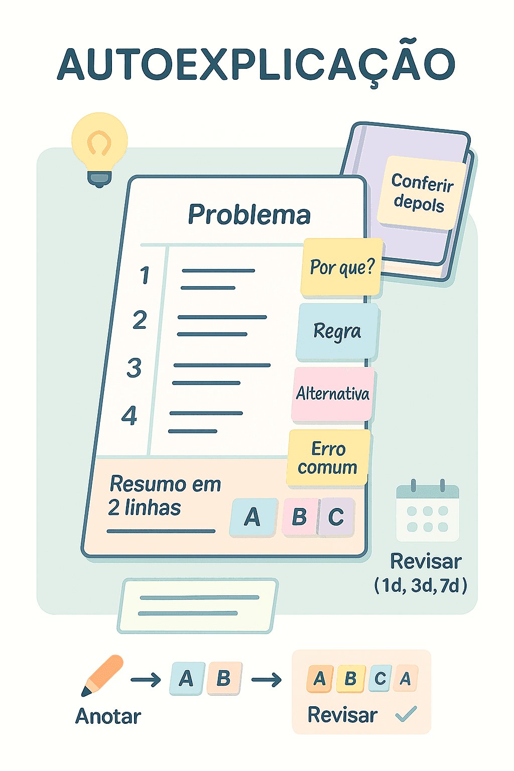 Folha com passos numerados e stickies: Por quê? Regra? Alternativa?