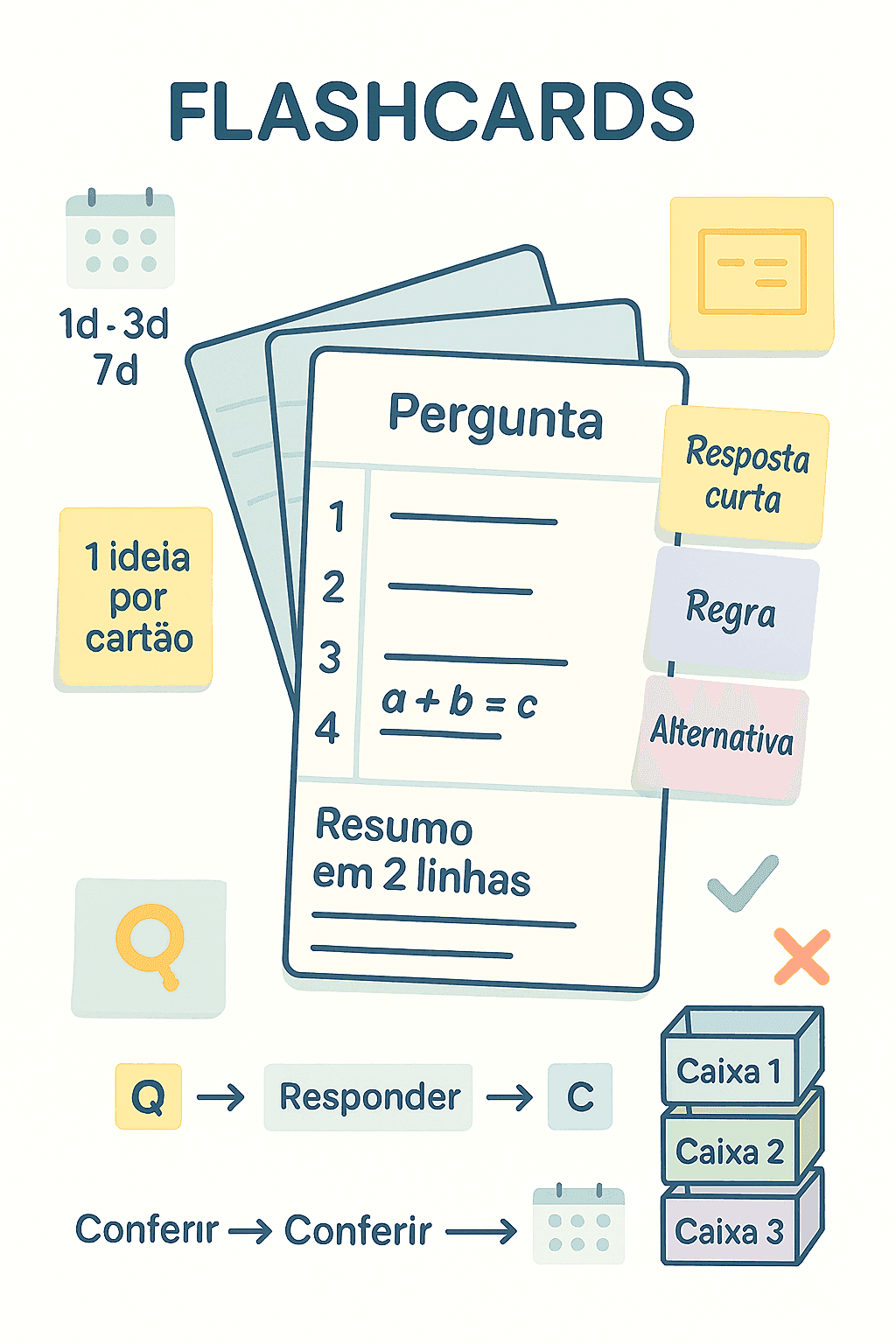 Leque de cartões com frente de pergunta e verso de resposta curta