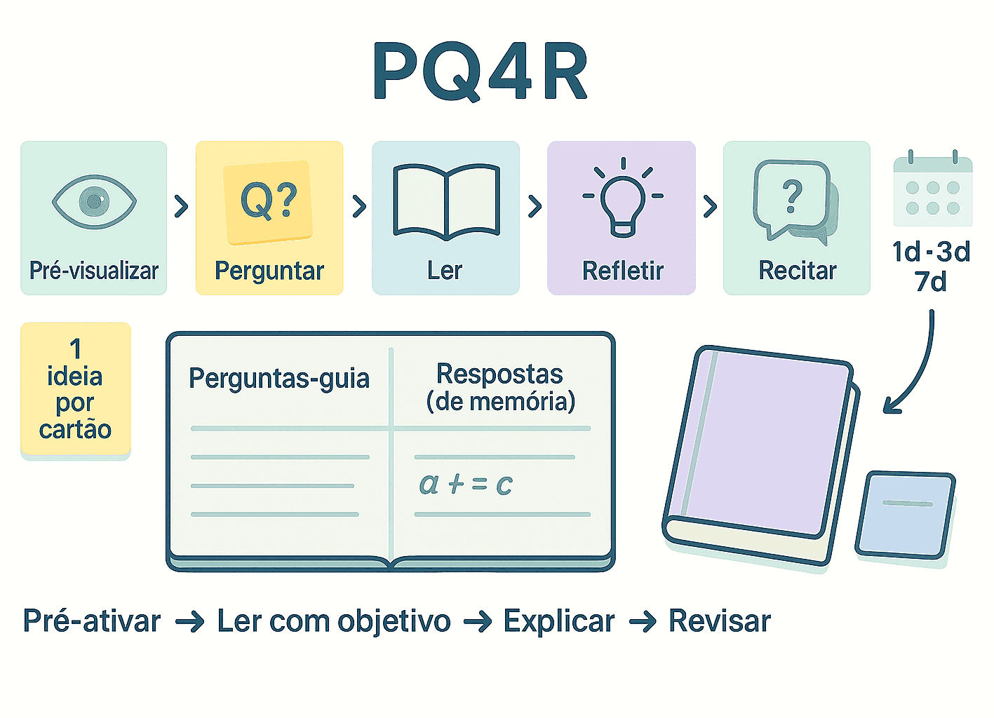 Fluxo de seis etapas: Preview, Question, Read, Reflect, Recite, Review