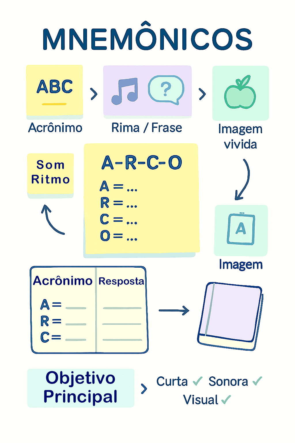 Post-it com acrônimo em destaque e cartões com rima e desenho simples