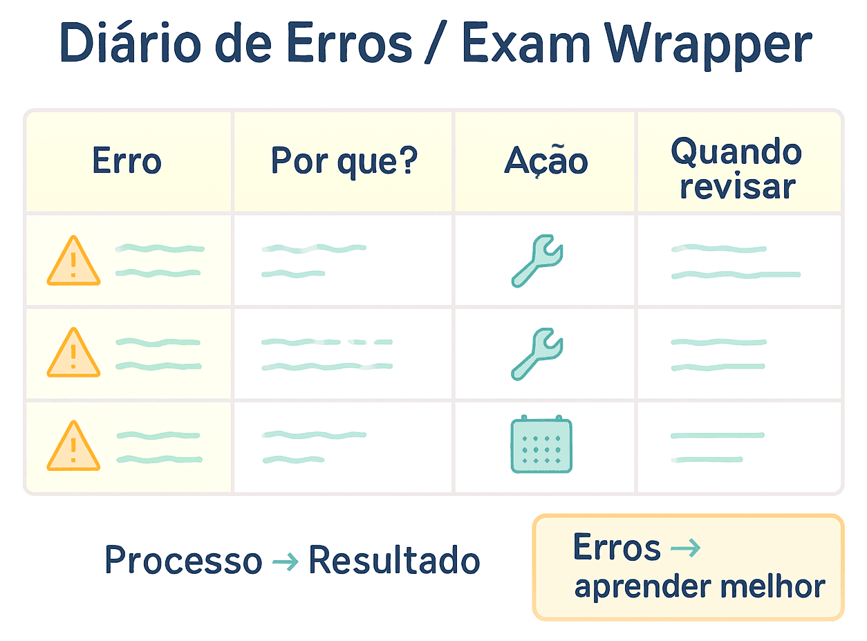 Tabela com colunas Erro, Por quê, Ação, Quando revisar