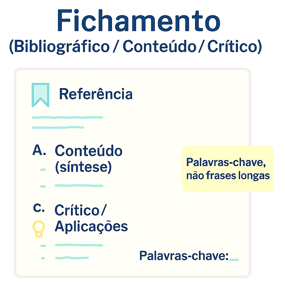 Cartão dividido em referência, conteúdo e crítico/aplicações